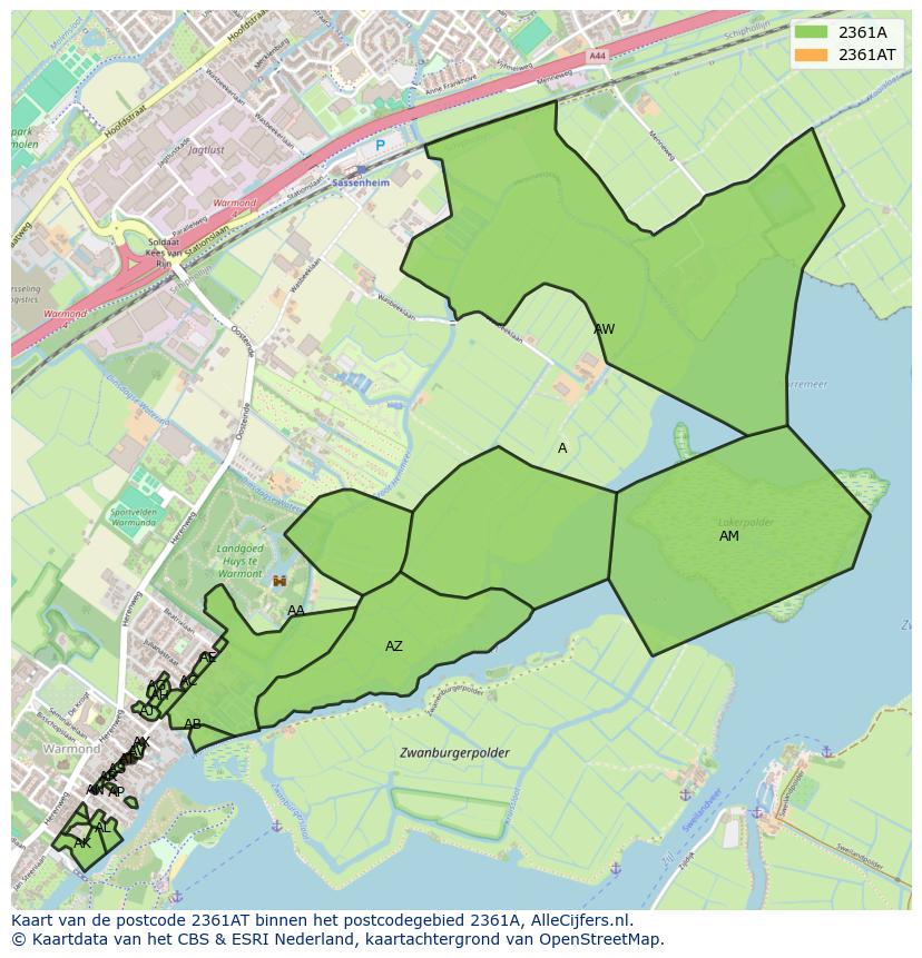 Afbeelding van het postcodegebied 2361 AT op de kaart.