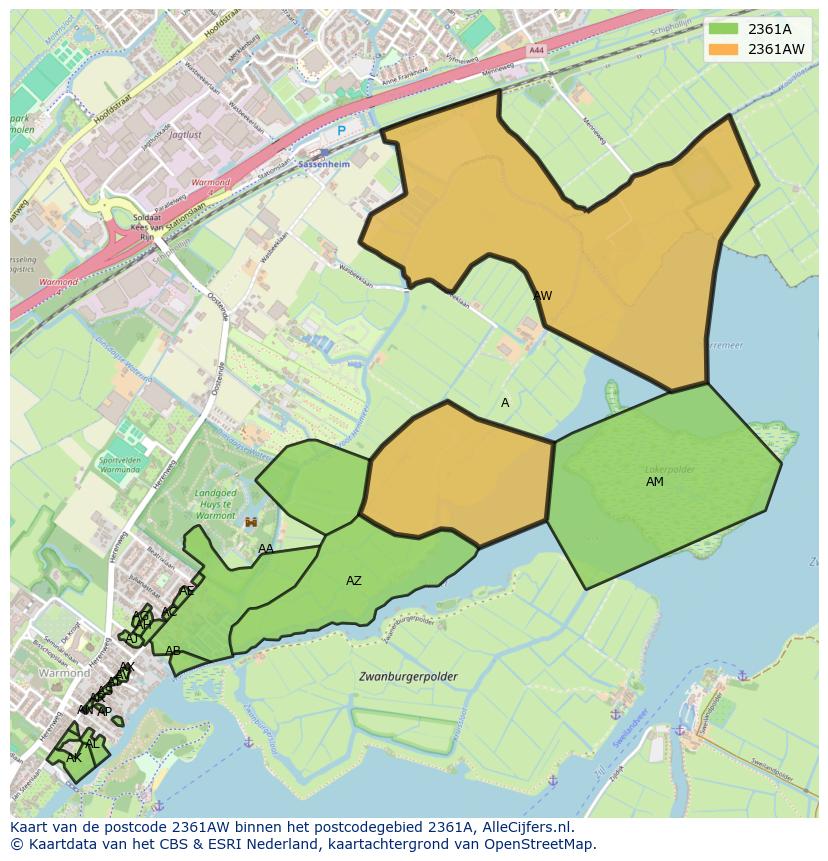 Afbeelding van het postcodegebied 2361 AW op de kaart.