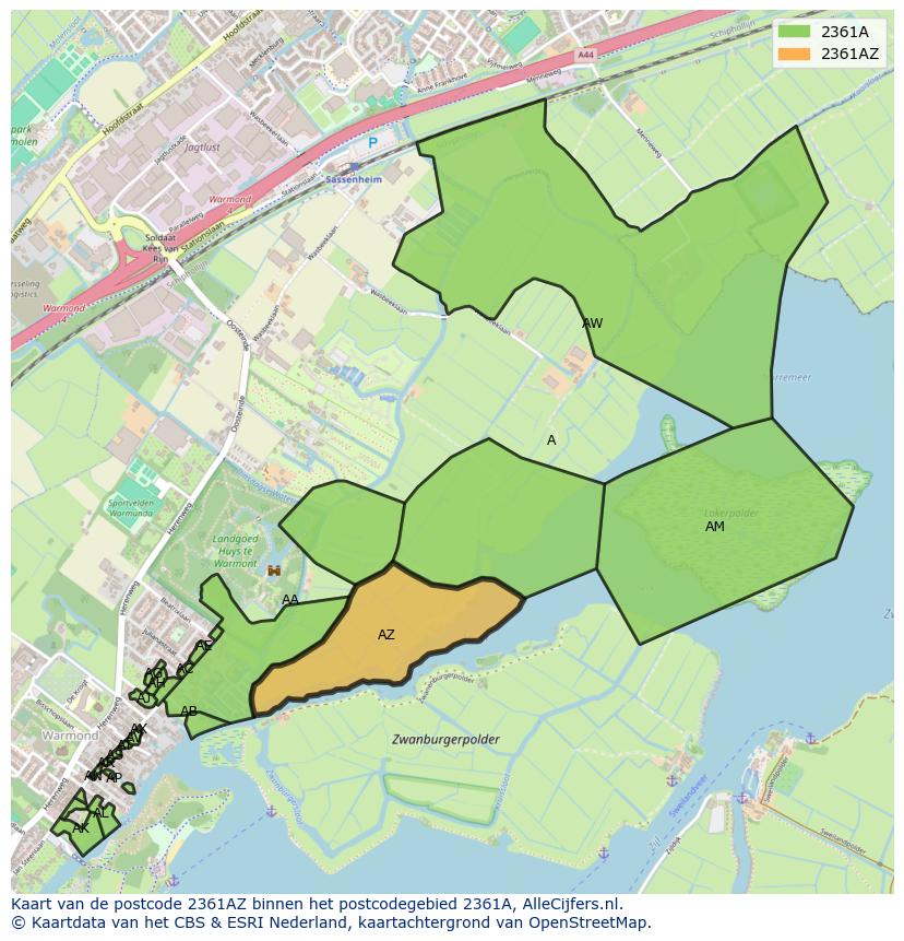 Afbeelding van het postcodegebied 2361 AZ op de kaart.
