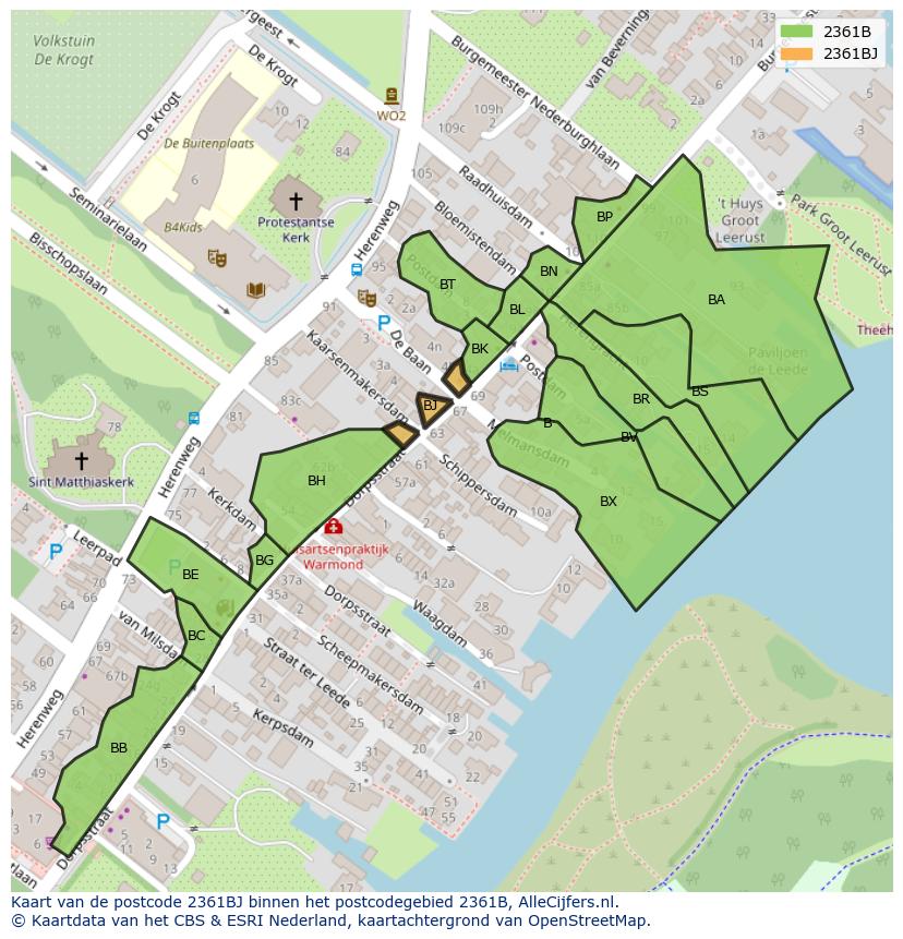 Afbeelding van het postcodegebied 2361 BJ op de kaart.