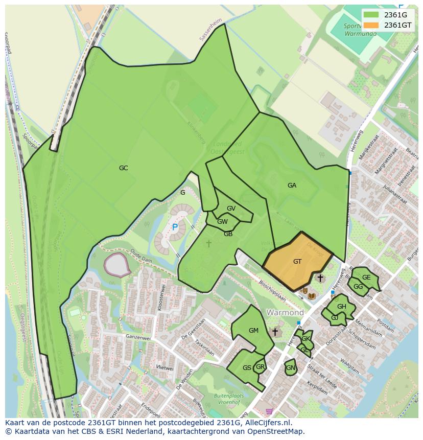 Afbeelding van het postcodegebied 2361 GT op de kaart.