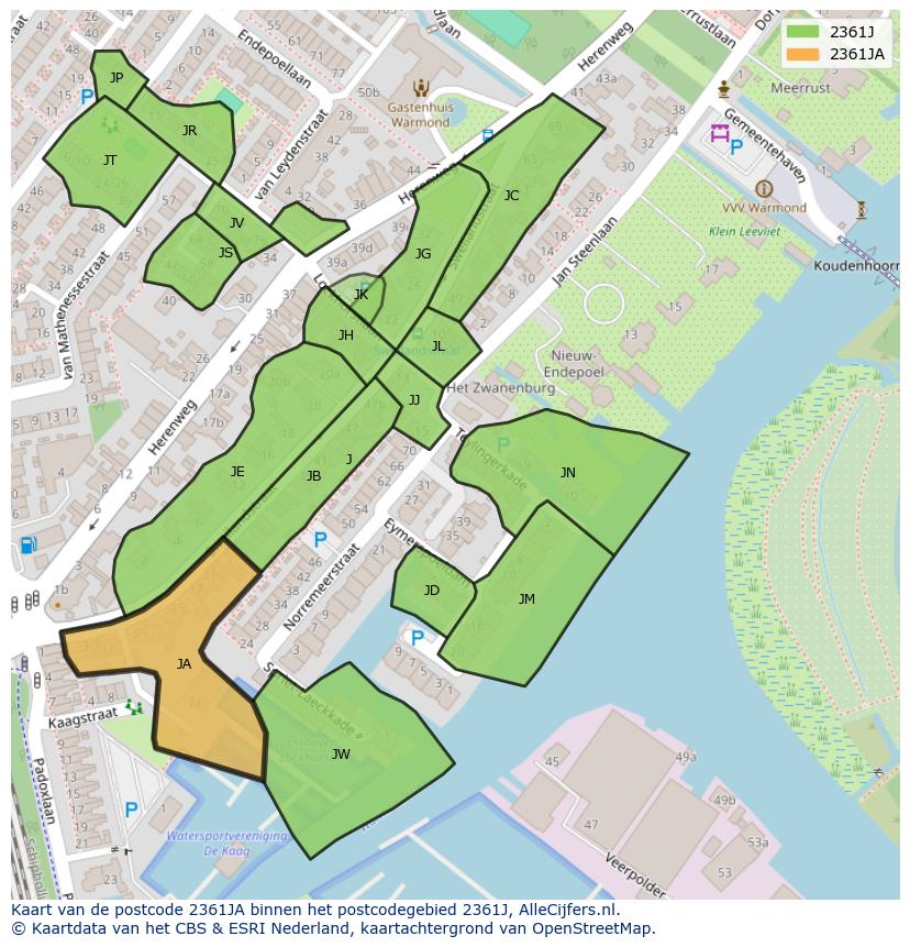 Afbeelding van het postcodegebied 2361 JA op de kaart.