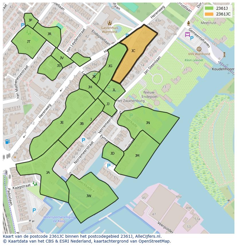 Afbeelding van het postcodegebied 2361 JC op de kaart.