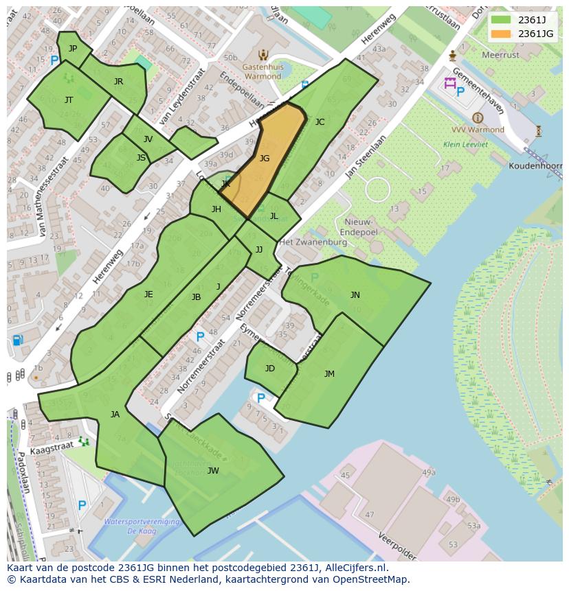 Afbeelding van het postcodegebied 2361 JG op de kaart.