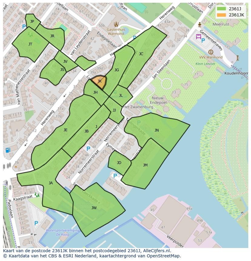 Afbeelding van het postcodegebied 2361 JK op de kaart.