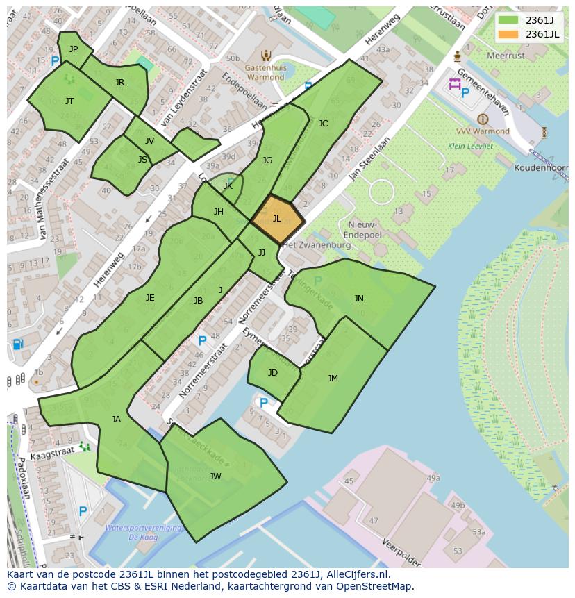 Afbeelding van het postcodegebied 2361 JL op de kaart.