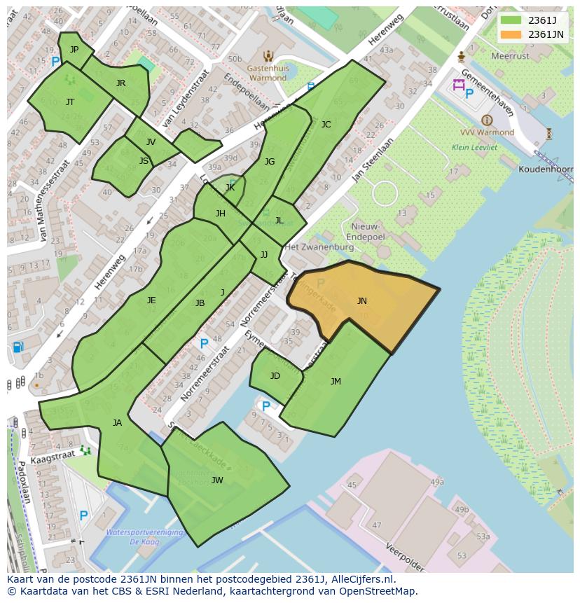 Afbeelding van het postcodegebied 2361 JN op de kaart.