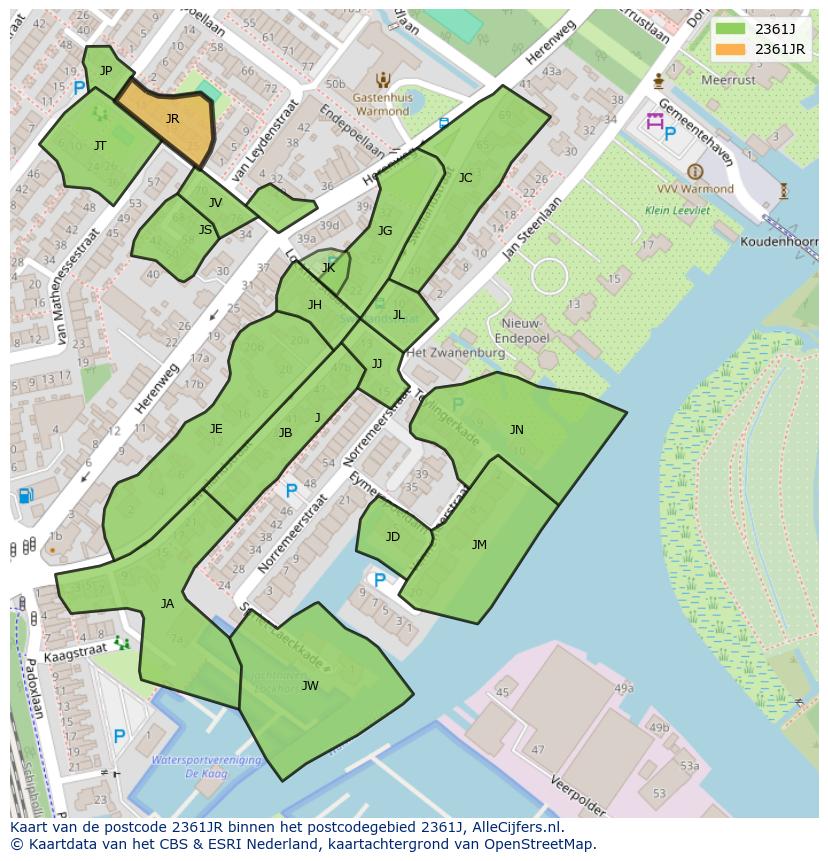 Afbeelding van het postcodegebied 2361 JR op de kaart.