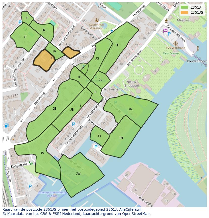 Afbeelding van het postcodegebied 2361 JS op de kaart.