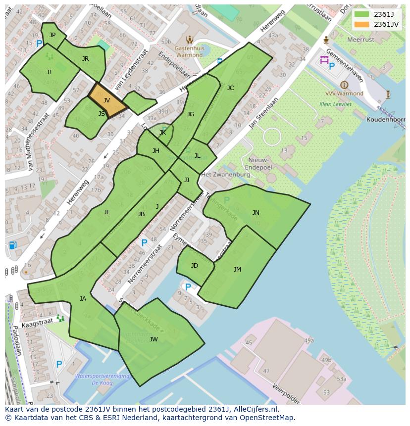 Afbeelding van het postcodegebied 2361 JV op de kaart.