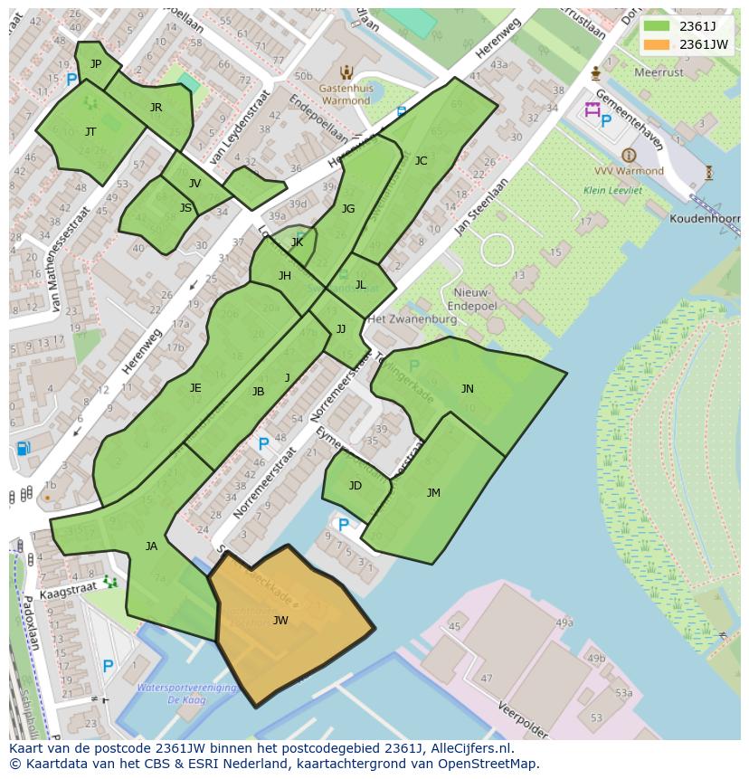 Afbeelding van het postcodegebied 2361 JW op de kaart.
