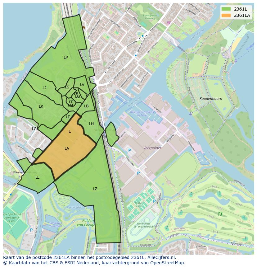 Afbeelding van het postcodegebied 2361 LA op de kaart.