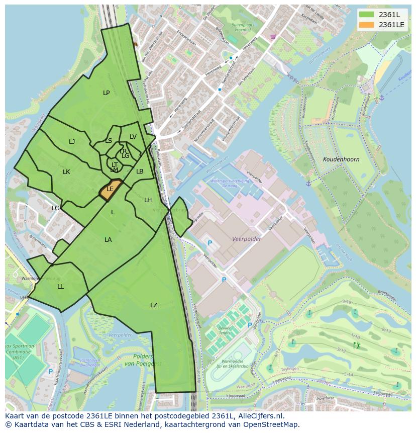 Afbeelding van het postcodegebied 2361 LE op de kaart.