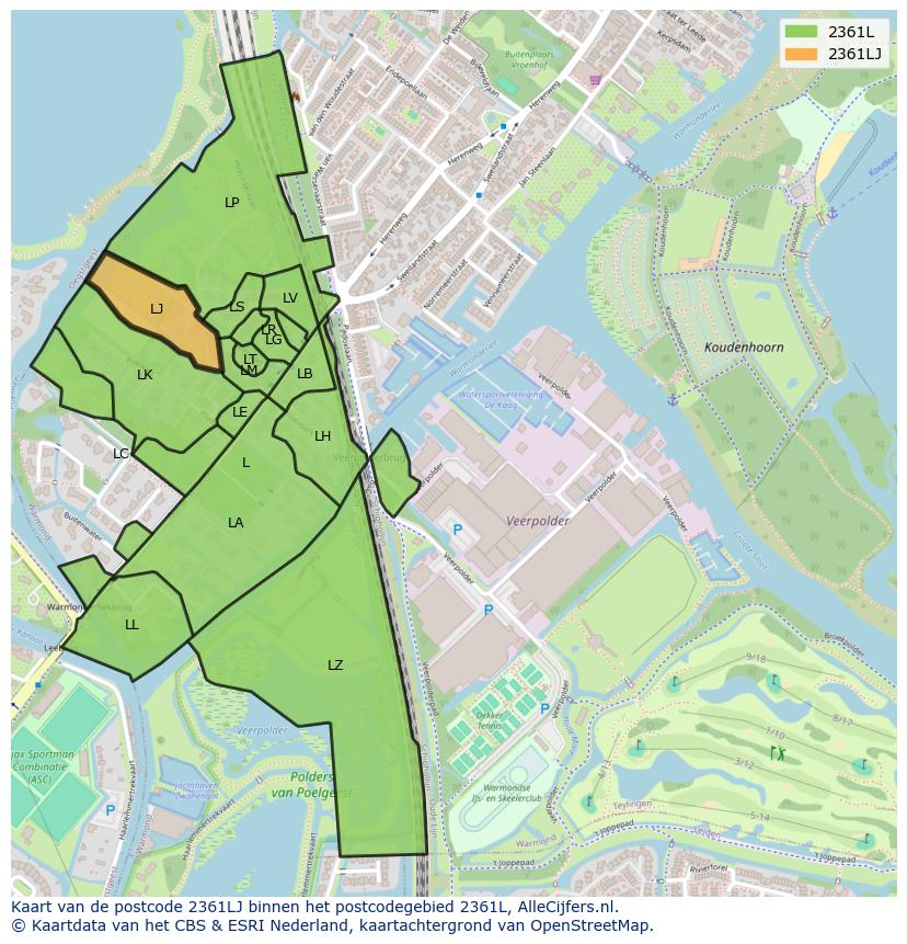 Afbeelding van het postcodegebied 2361 LJ op de kaart.