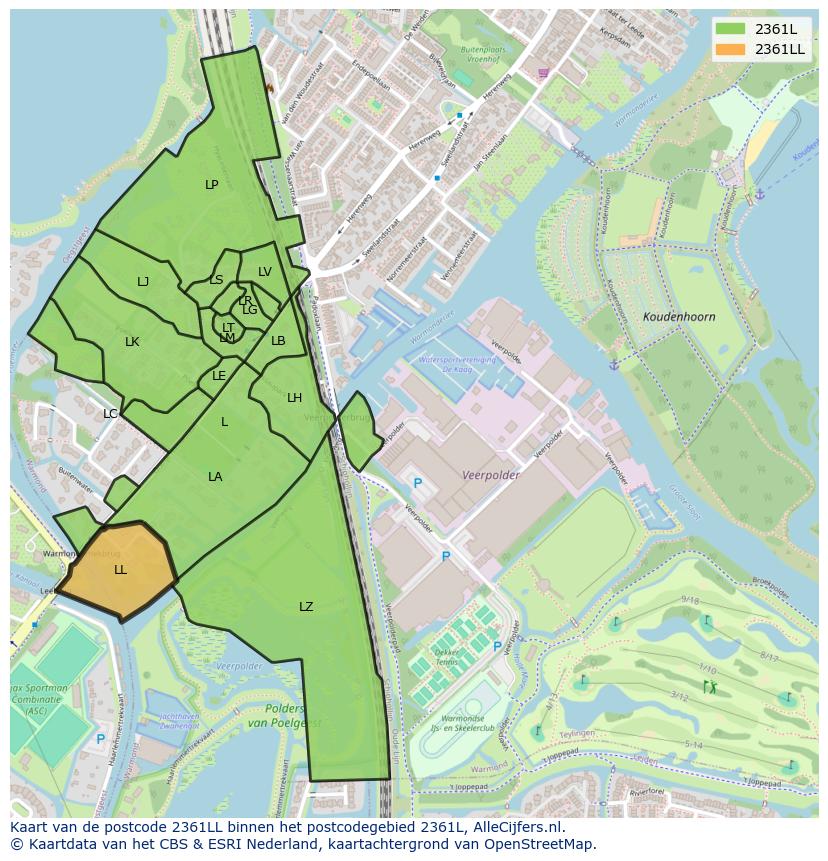 Afbeelding van het postcodegebied 2361 LL op de kaart.