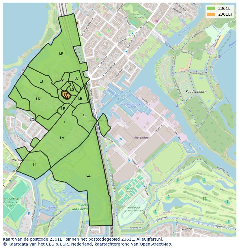 Afbeelding van het postcodegebied 2361 LT op de kaart.