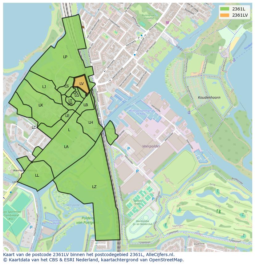 Afbeelding van het postcodegebied 2361 LV op de kaart.