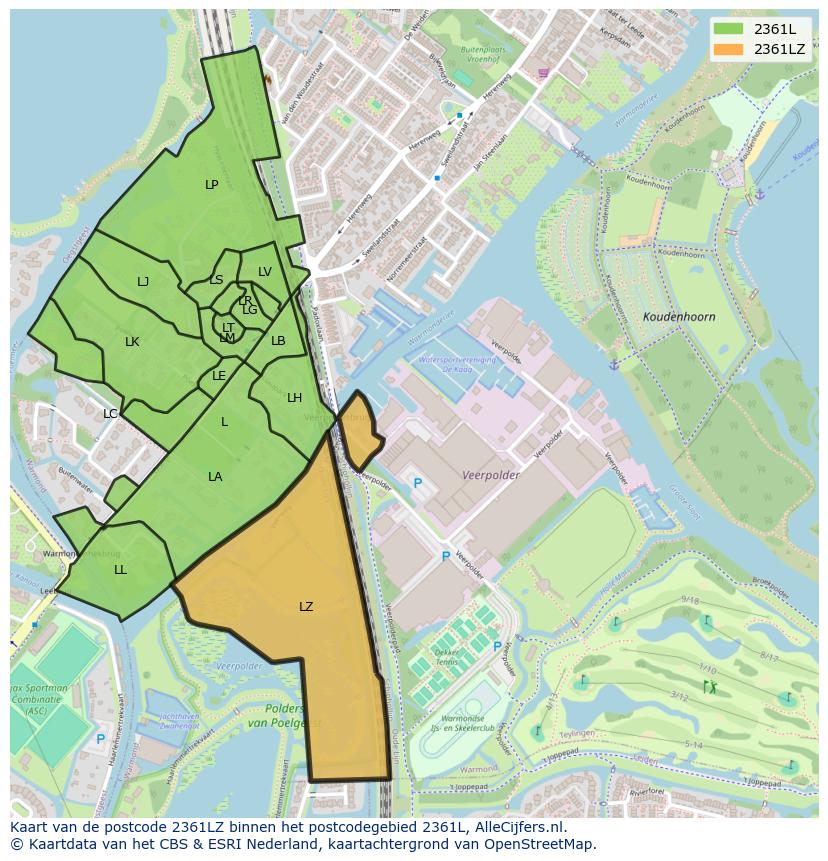 Afbeelding van het postcodegebied 2361 LZ op de kaart.