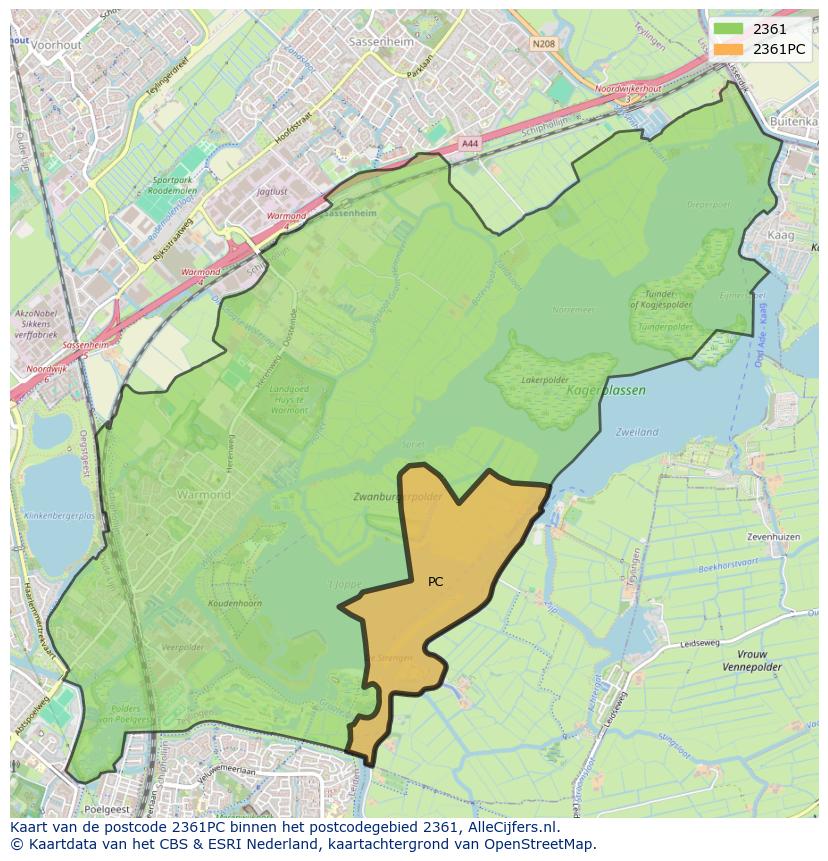 Afbeelding van het postcodegebied 2361 PC op de kaart.