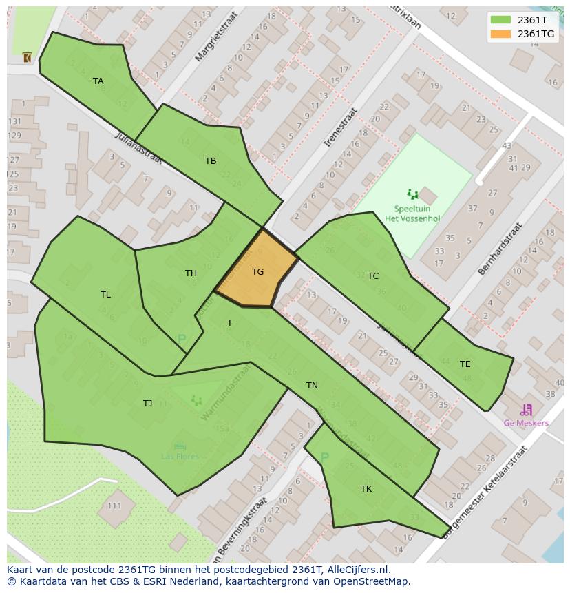 Afbeelding van het postcodegebied 2361 TG op de kaart.