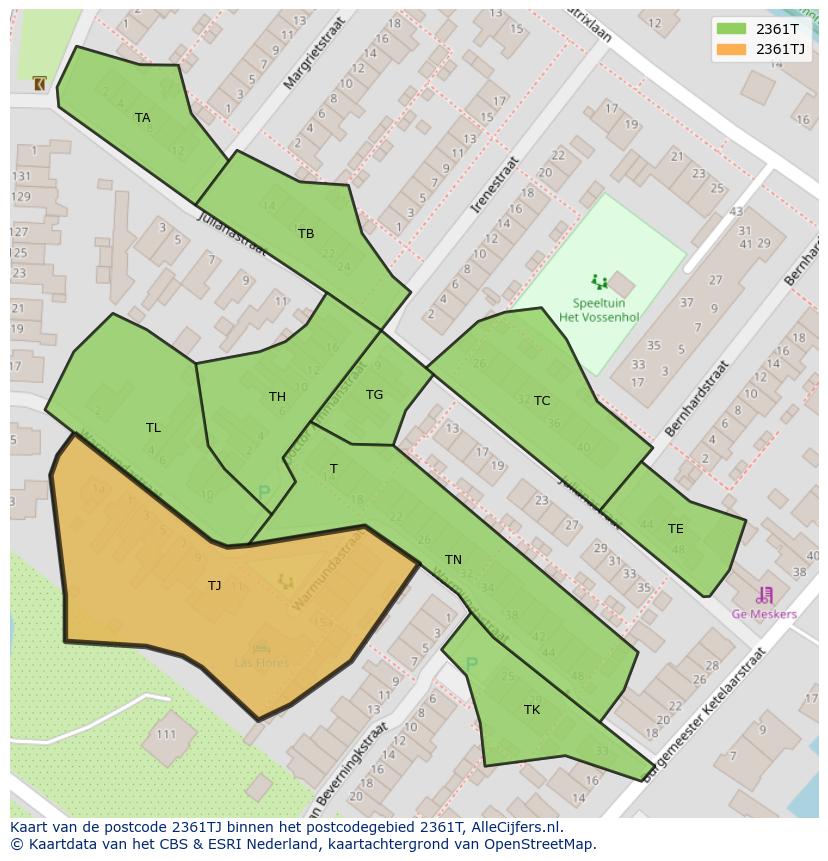 Afbeelding van het postcodegebied 2361 TJ op de kaart.