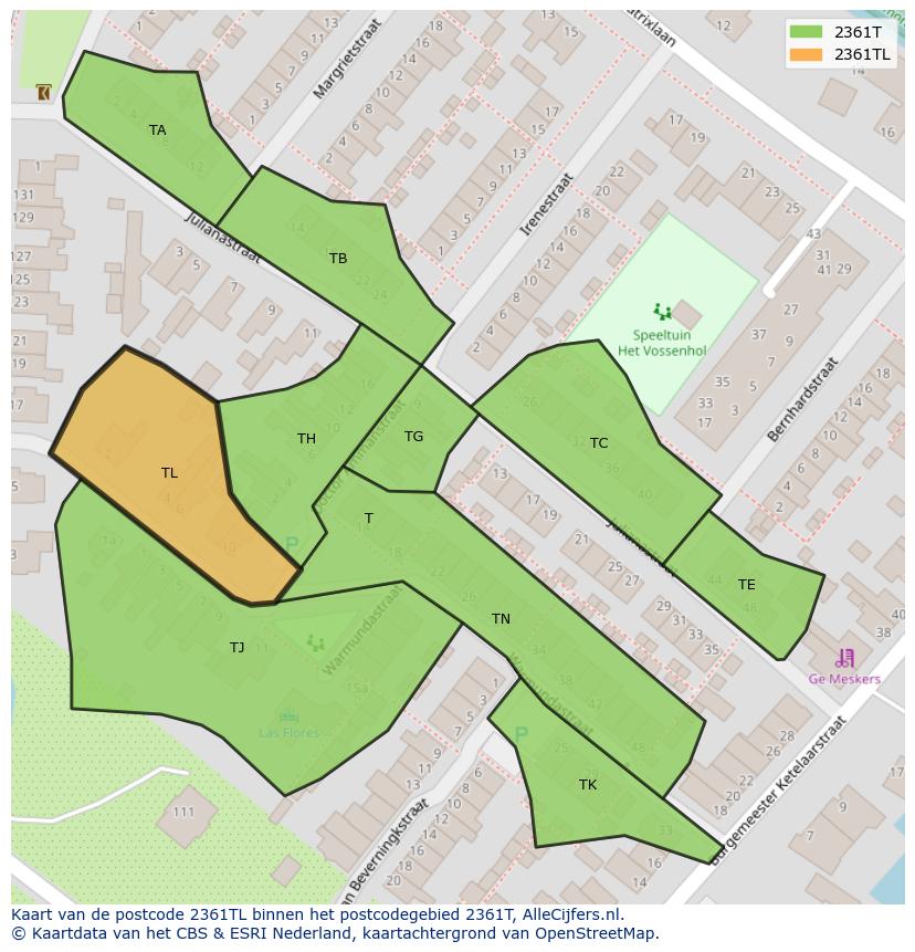 Afbeelding van het postcodegebied 2361 TL op de kaart.