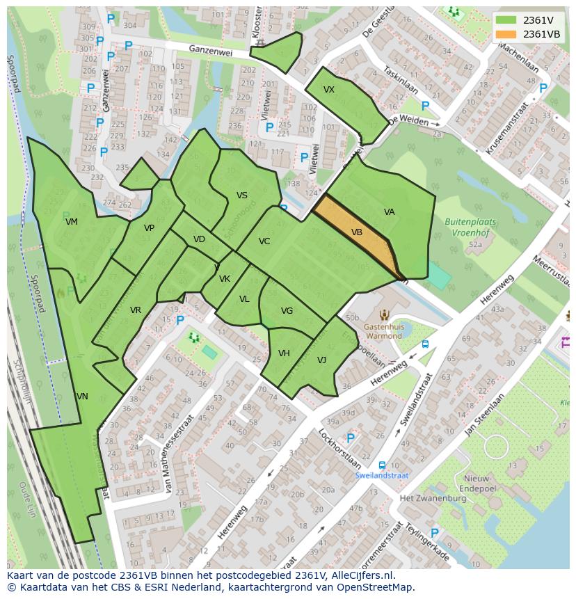 Afbeelding van het postcodegebied 2361 VB op de kaart.