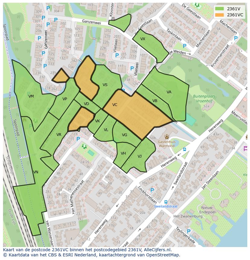 Afbeelding van het postcodegebied 2361 VC op de kaart.