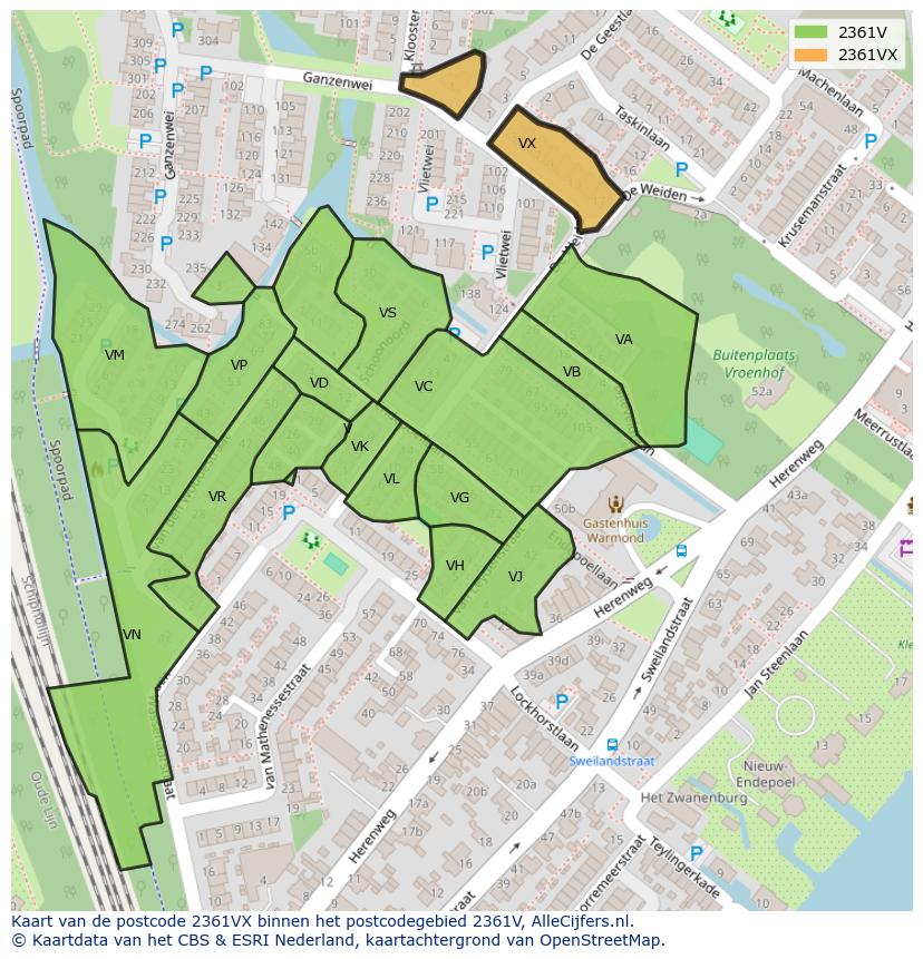 Afbeelding van het postcodegebied 2361 VX op de kaart.