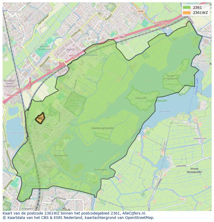 Afbeelding van het postcodegebied 2361 WZ op de kaart.