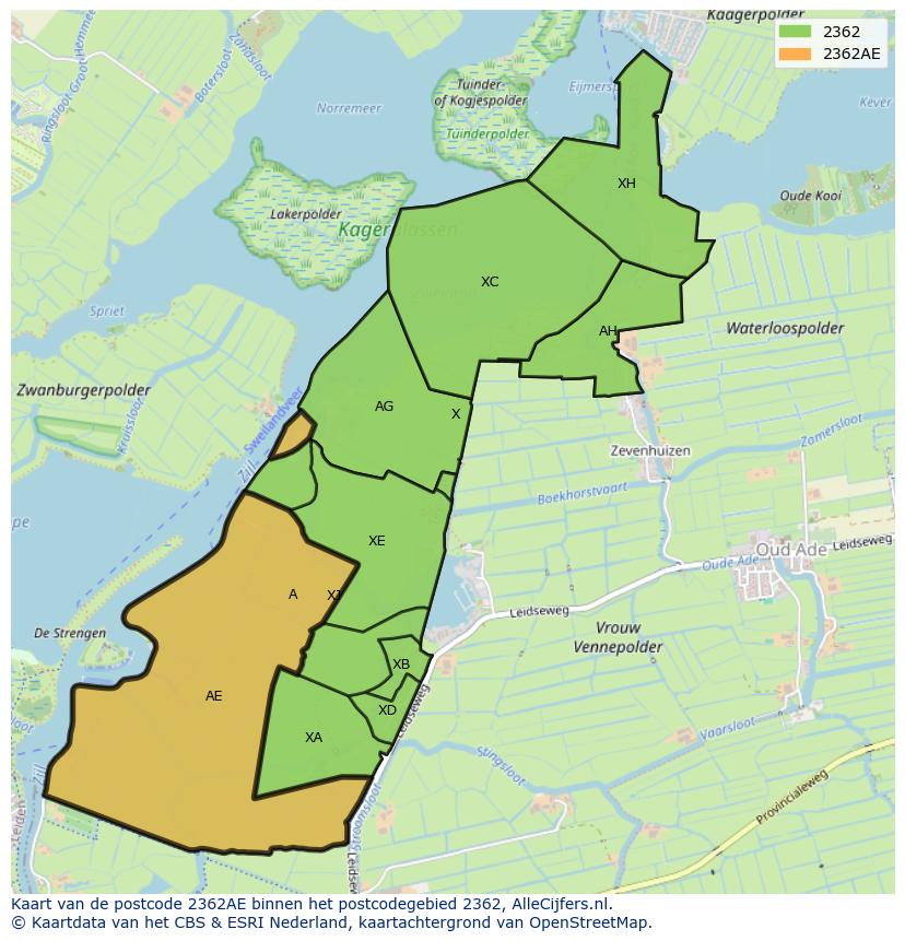 Afbeelding van het postcodegebied 2362 AE op de kaart.