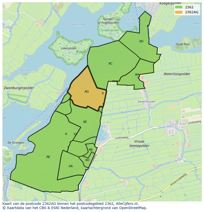 Afbeelding van het postcodegebied 2362 AG op de kaart.