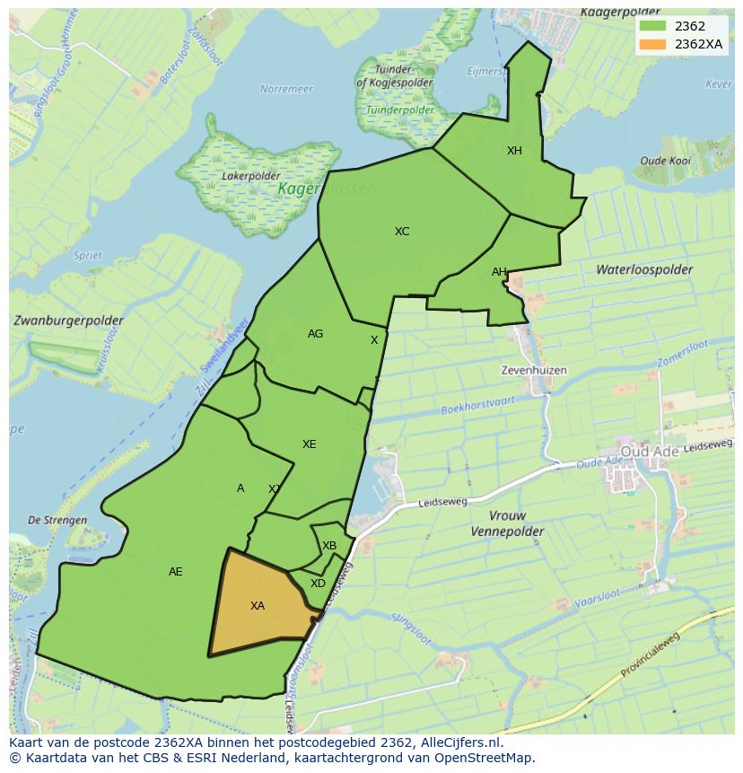 Afbeelding van het postcodegebied 2362 XA op de kaart.