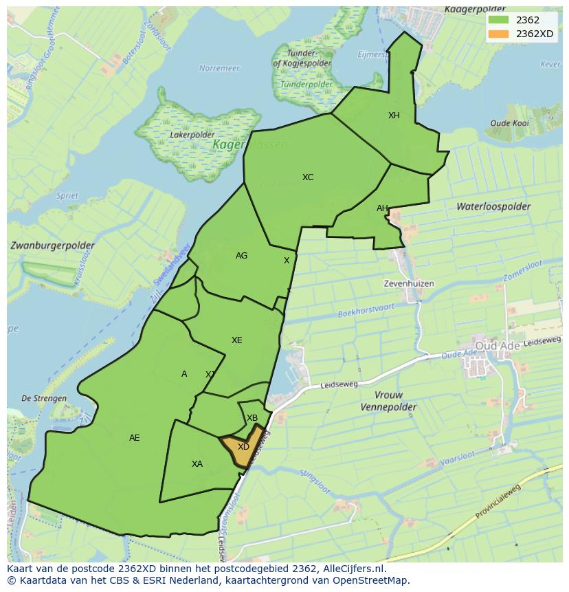 Afbeelding van het postcodegebied 2362 XD op de kaart.
