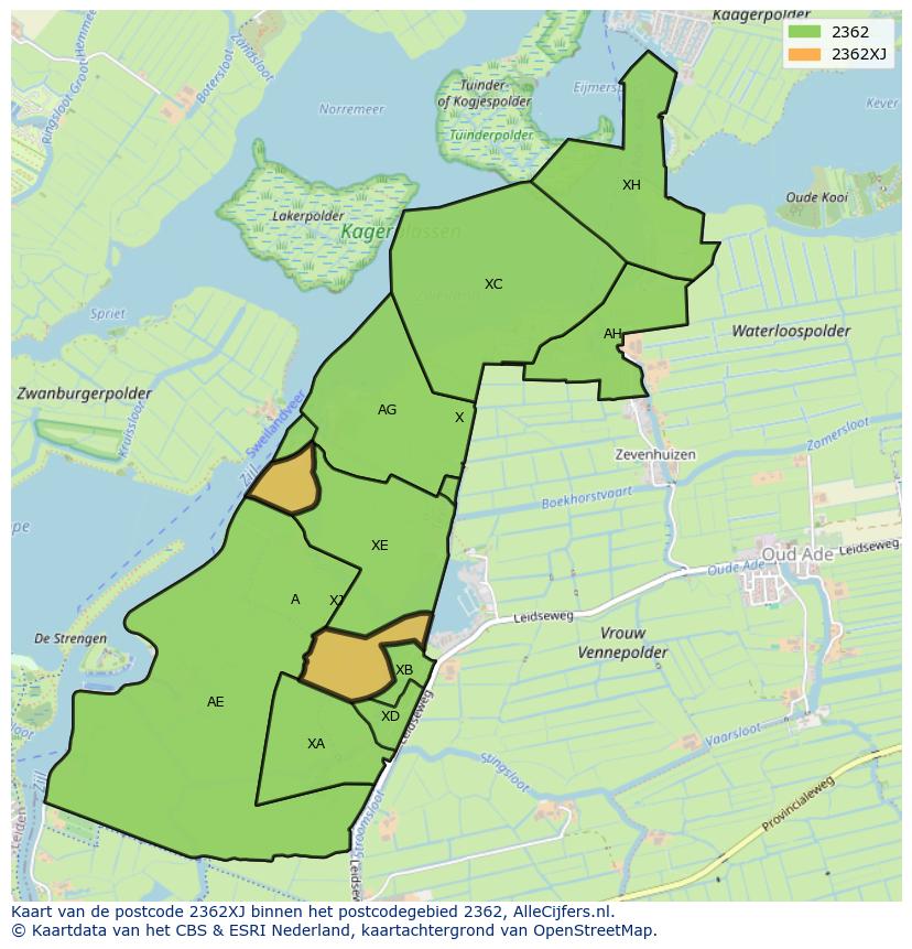 Afbeelding van het postcodegebied 2362 XJ op de kaart.