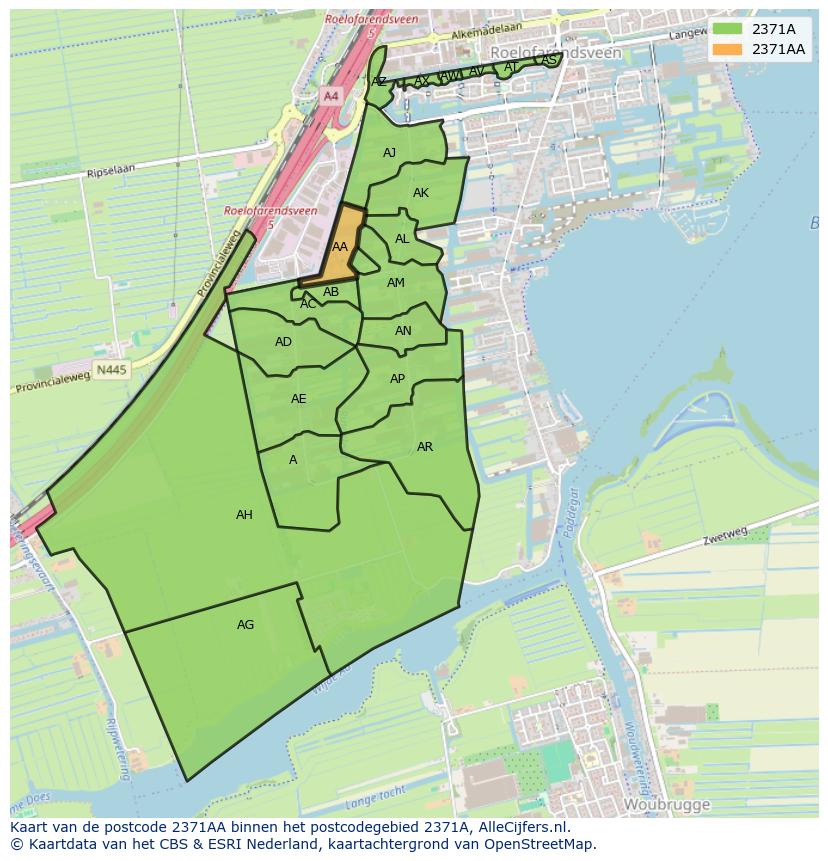 Afbeelding van het postcodegebied 2371 AA op de kaart.