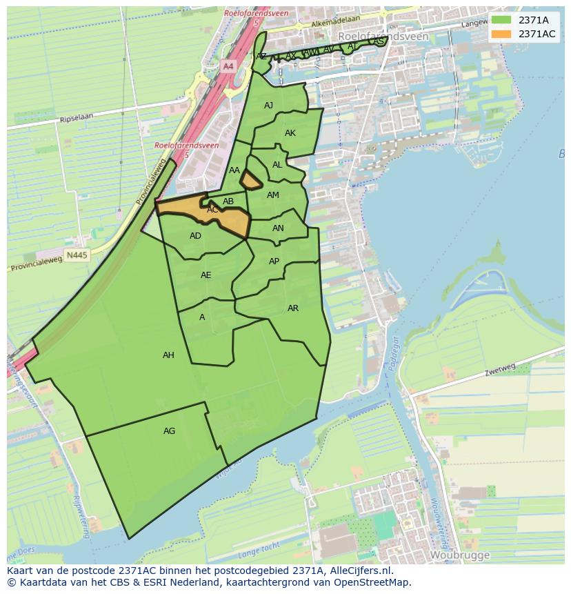 Afbeelding van het postcodegebied 2371 AC op de kaart.