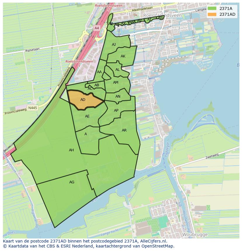 Afbeelding van het postcodegebied 2371 AD op de kaart.