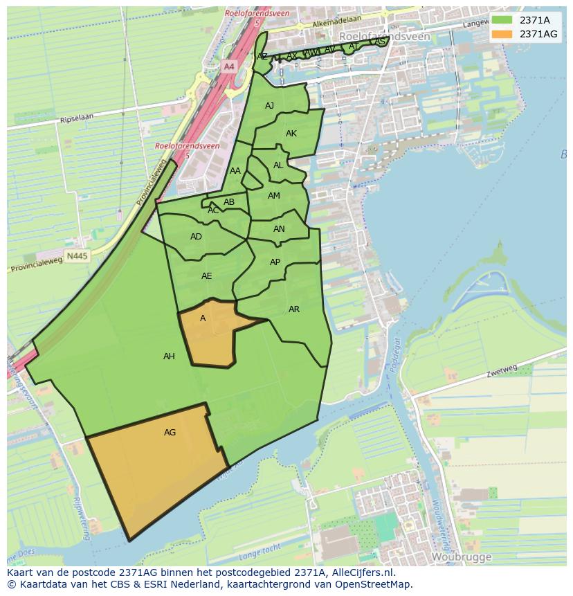 Afbeelding van het postcodegebied 2371 AG op de kaart.