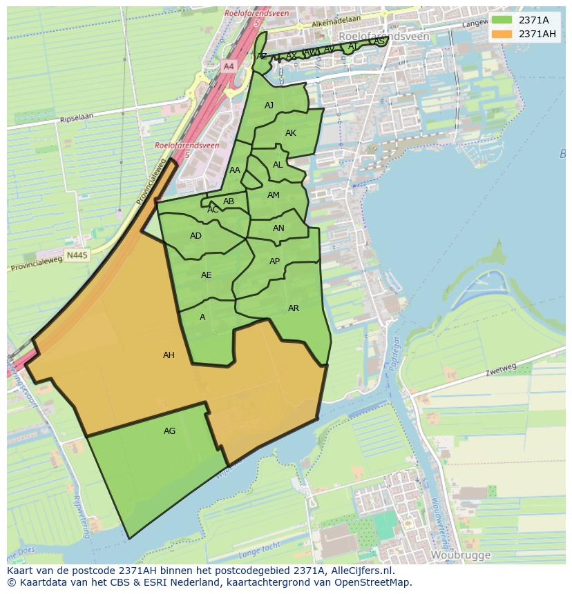 Afbeelding van het postcodegebied 2371 AH op de kaart.