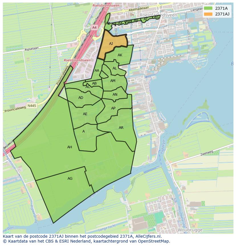 Afbeelding van het postcodegebied 2371 AJ op de kaart.
