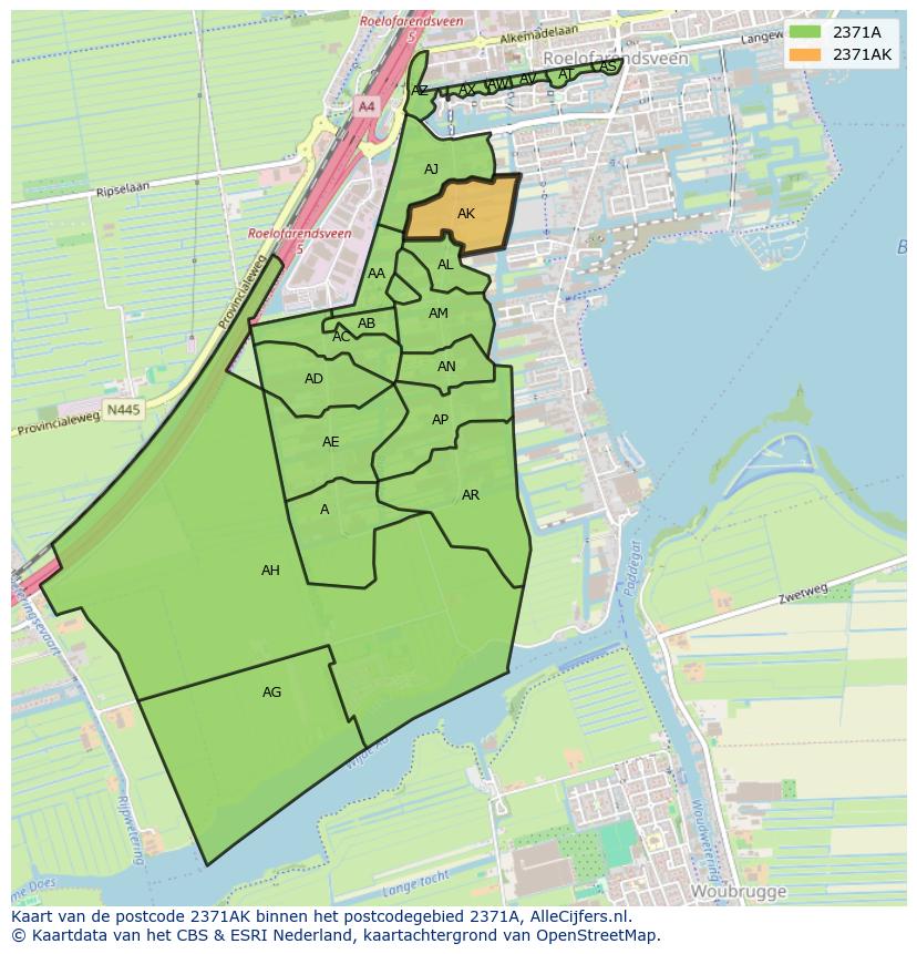 Afbeelding van het postcodegebied 2371 AK op de kaart.