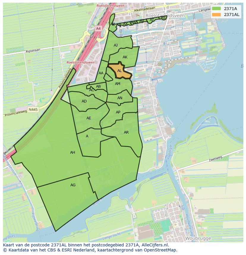 Afbeelding van het postcodegebied 2371 AL op de kaart.