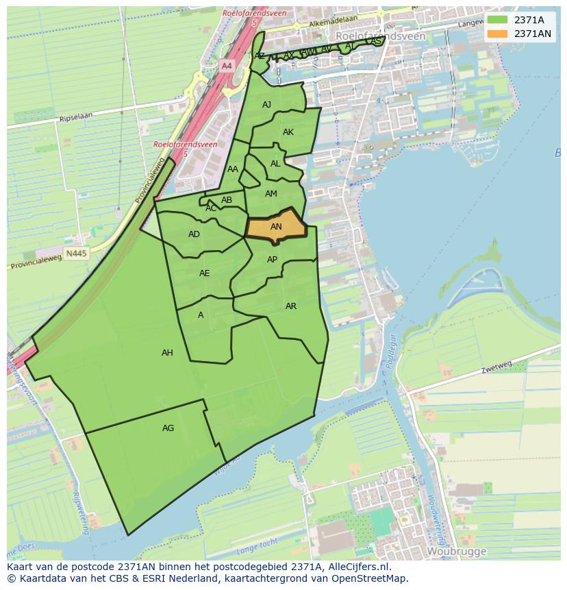 Afbeelding van het postcodegebied 2371 AN op de kaart.