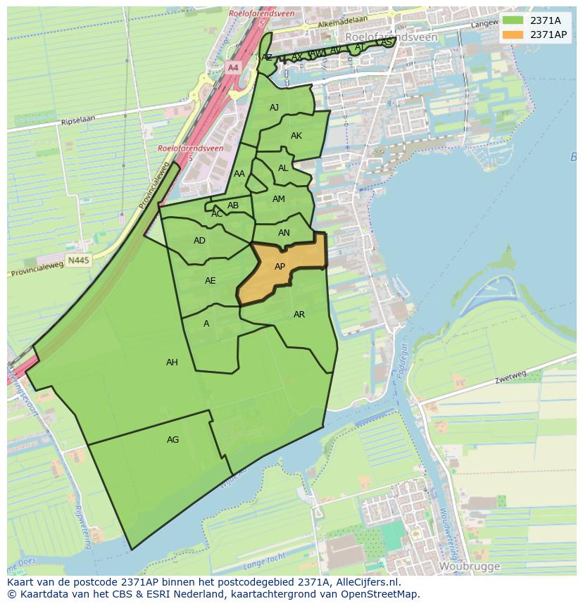 Afbeelding van het postcodegebied 2371 AP op de kaart.