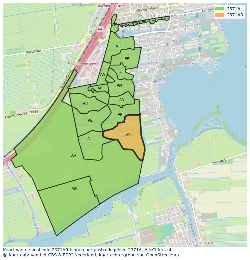 Afbeelding van het postcodegebied 2371 AR op de kaart.