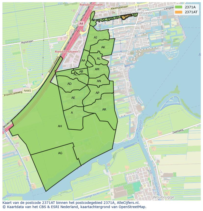 Afbeelding van het postcodegebied 2371 AT op de kaart.