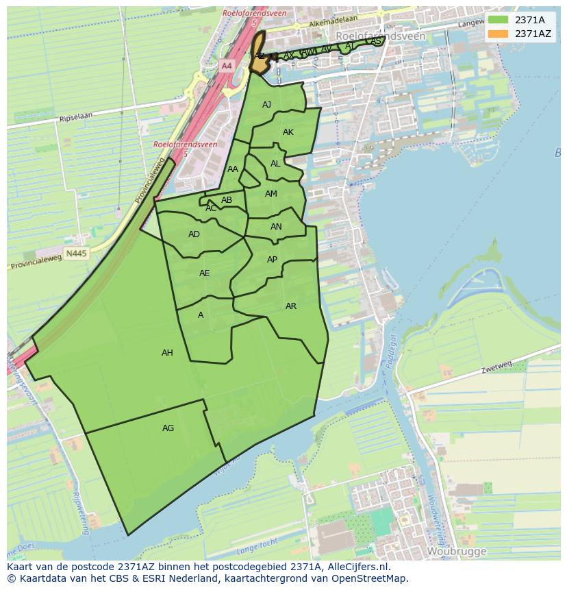Afbeelding van het postcodegebied 2371 AZ op de kaart.