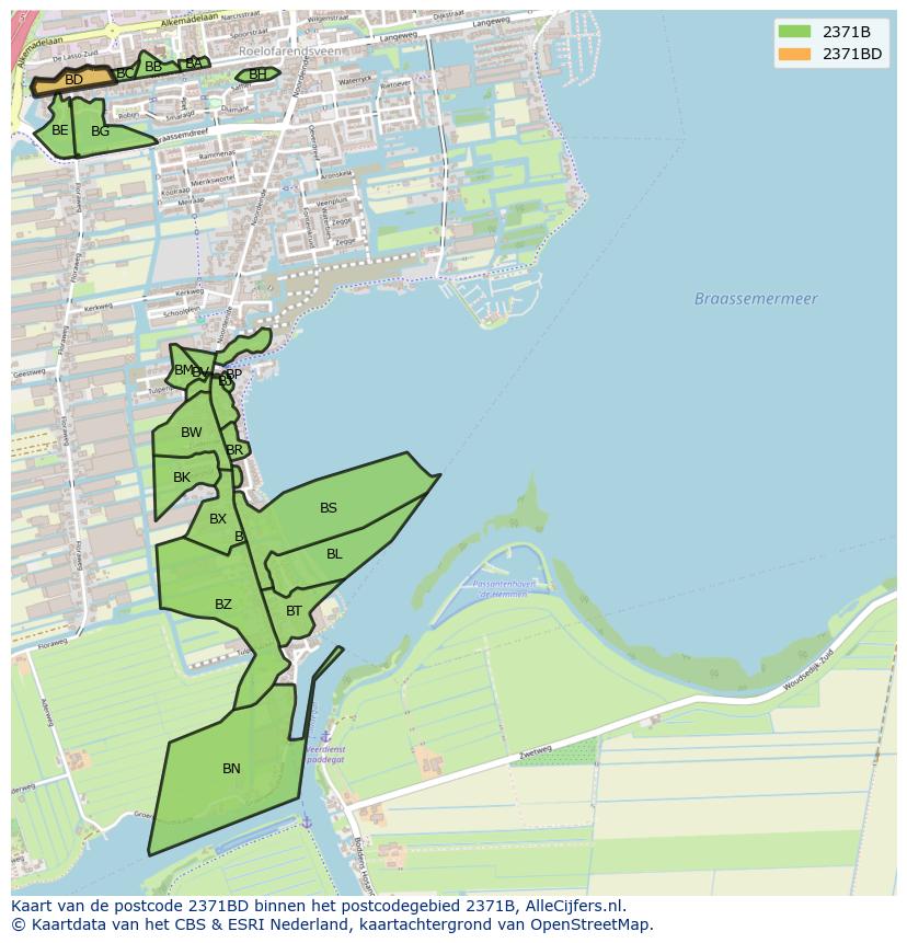 Afbeelding van het postcodegebied 2371 BD op de kaart.