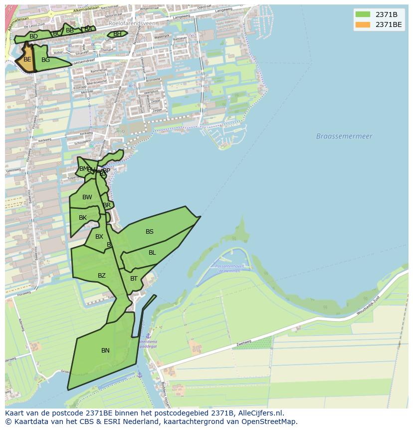 Afbeelding van het postcodegebied 2371 BE op de kaart.